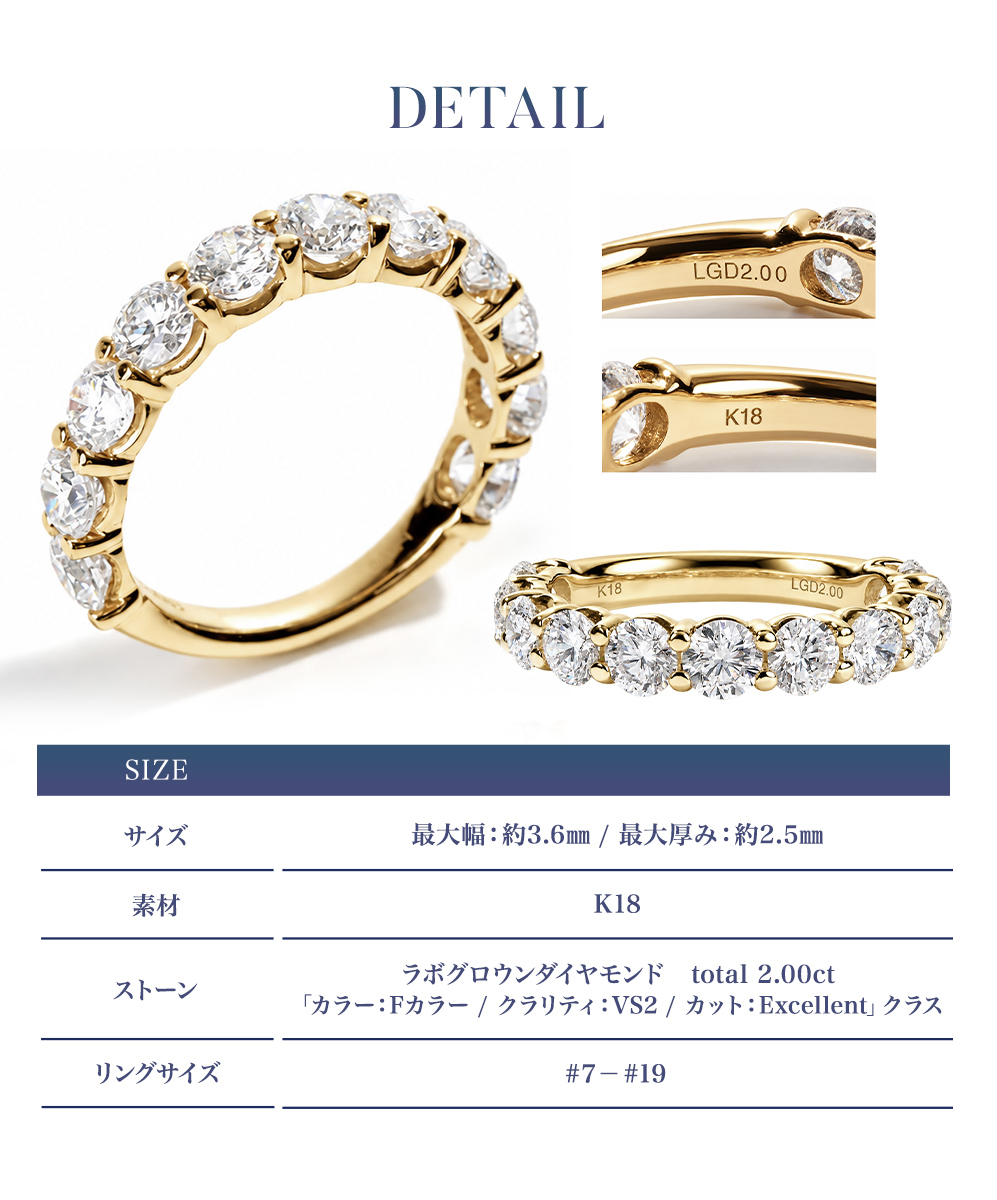 ラボグロウンダイヤモンド 2.0ct ハーフエタニティリング カラーバリエーション ディテール
