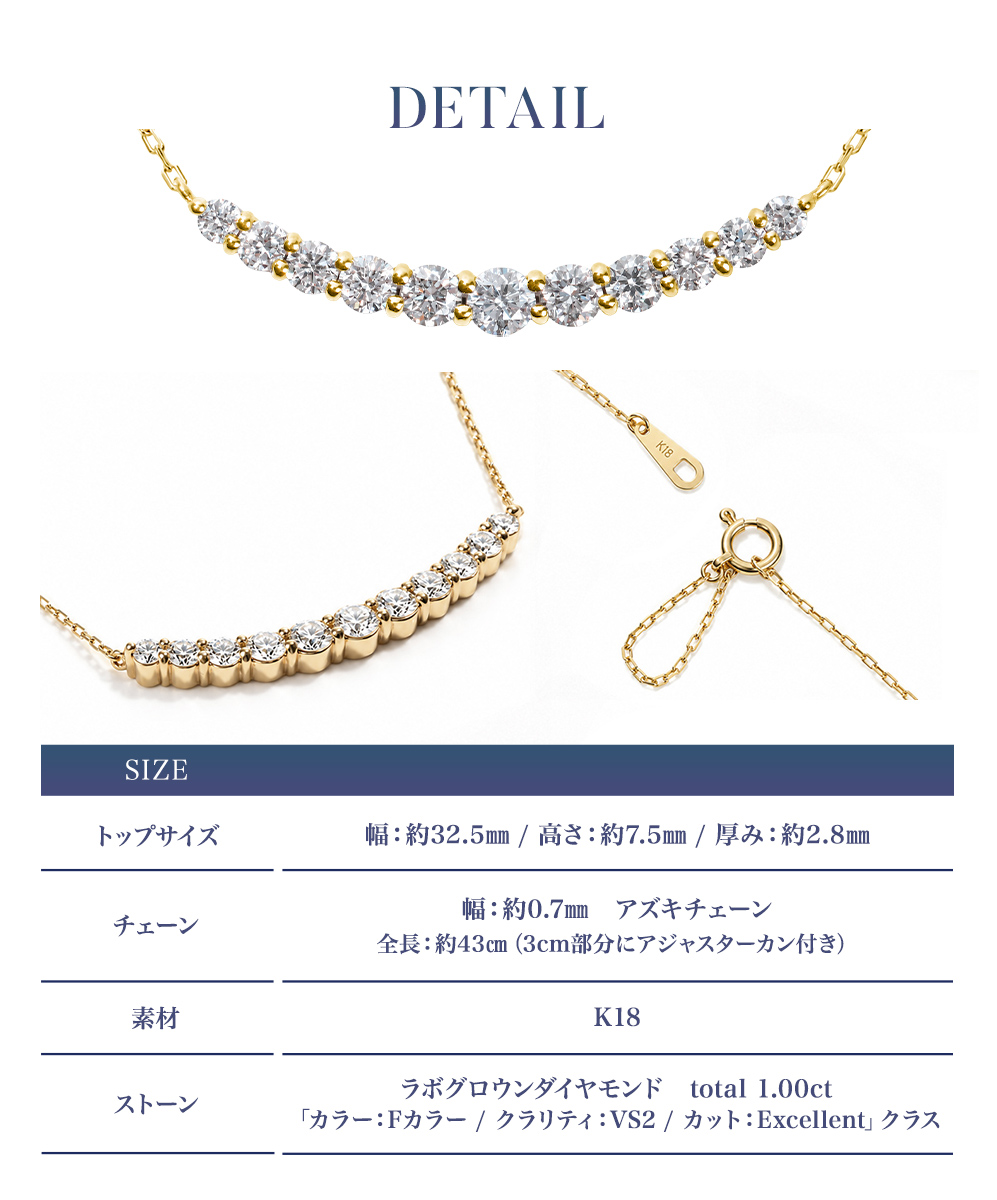 ラボグロウンダイヤモンド 1.0ct ラインネックレス カラーバリエーション ディテール