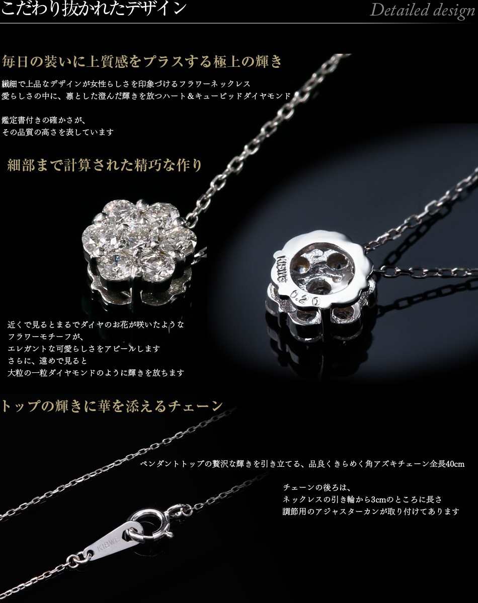 ダイヤモンド ネックレス レディース K18 ダイヤネックレス 18金 ハート＆キューピット フラワー 7石 花 モチーフ 0.2ct クリスマス  薔薇BOX